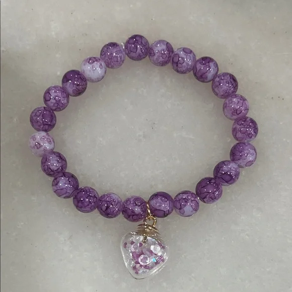 Purple Beaded Bracelet with Heart Charm - Picture 1 of 5